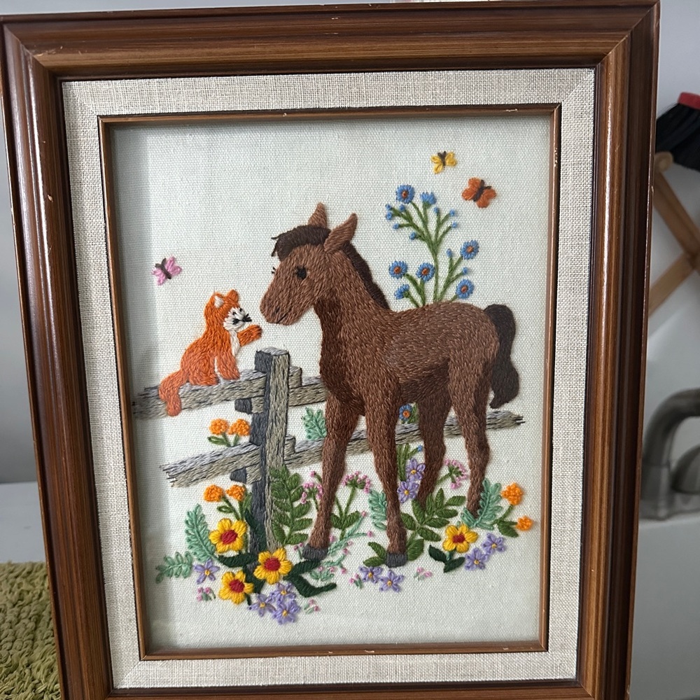 Embroidered Horse and Cat Framed Art